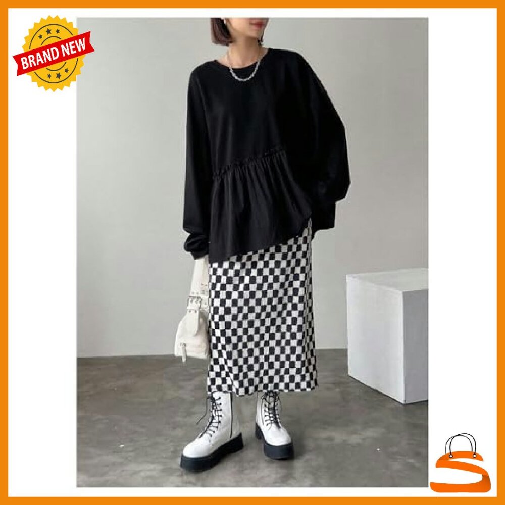 Elastic Waist Plaid Skirt Long Straight Slit Hem Women's - Picture 7 of 7